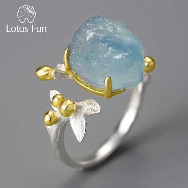 Ringe Lotus Fun 18K Gold Natürlicher Aquamarin Edelstein Blume Verstellbare Ringe für Frauen Echtes 925er Sterlingsilber Feiner Luxusschmuck