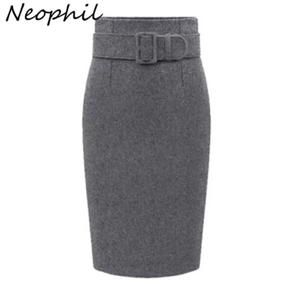 Saia neophil 2023 inverno cinza lã grossa midi lápis saias femininas casual magro cintura alta com cinto escritório trabalho wear saia sxxxl s1205