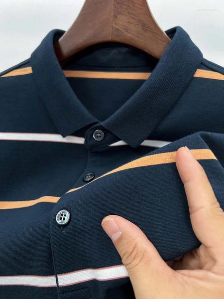 Мужские поло Легкие роскошные осенние деловые повседневные высококачественные рубашки-поло с лацканами Хлопковая брендовая полосатая дизайнерская модная футболка с длинными рукавами M-4XL