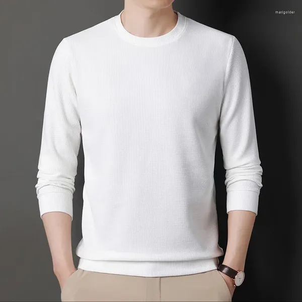Polos masculinos primavera camisa waffle manga comprida camiseta gola redonda suéter tendência
