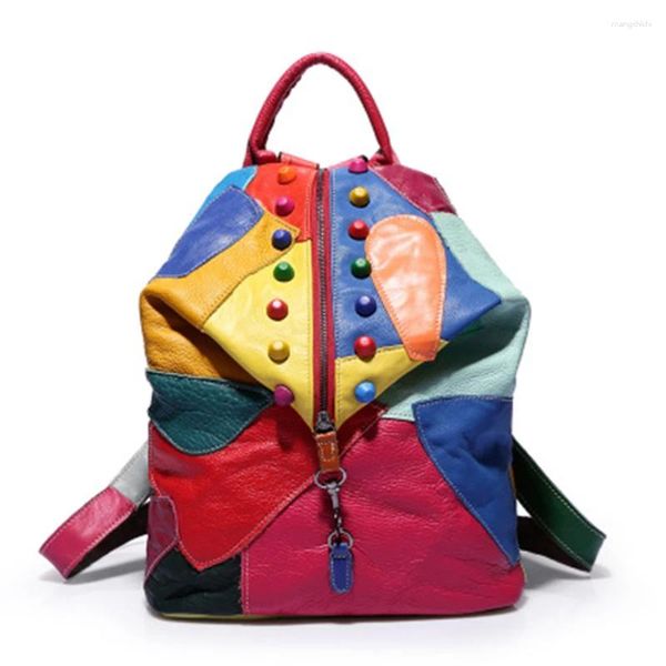 Mochila colorida emenda de couro marca feminina clássico viagem bagpack moda saco escolar menina mochilas femininas