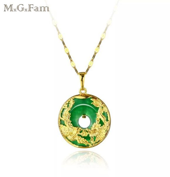 MGFam 173P Colar com pingente de dragão e fênix para mulheres verde malaio jade China mascote antigo banhado a ouro 24k com 45 cm Cha1815282