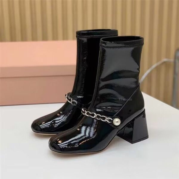 2024 Tasarımcı Bot Moda Yuvarlak Ayak Parmağı Tıknaz Topuk Kadın Ayakkabı Gerçek Deri Seksi Yüksek Topuklular İnci Dekor Ayakkabı Kadın Miui
