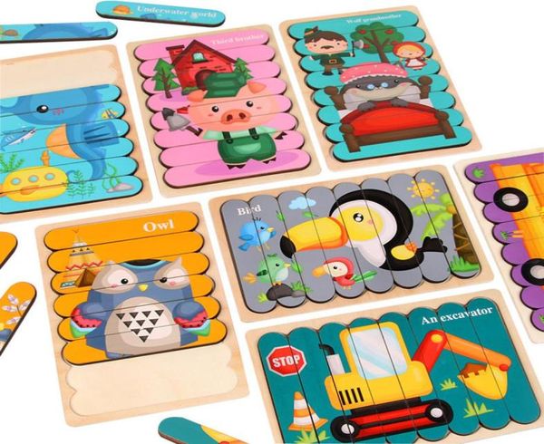 Kinder Tier 3D Holz doppelseitige Streifen Puzzle erzählen Geschichte Stapeln Puzzle pädagogisches Spielzeug für Kinder Fabrik 10 Stück Who9218629