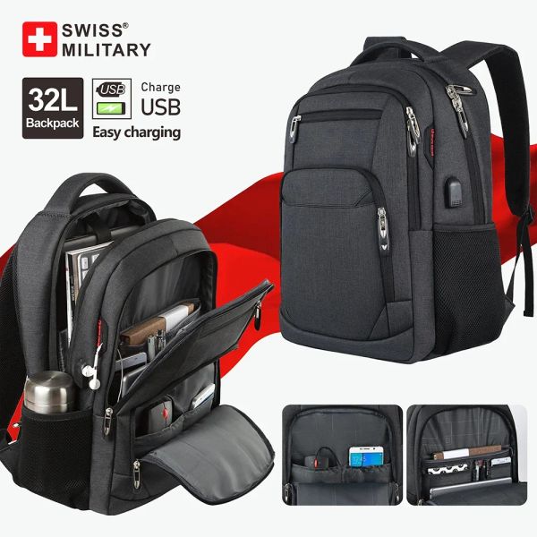 Rucksack SWISS MILITARY Männer Laptop Rucksack 17 Zoll große Kapazität USB Schultasche wasserdicht Anti-Diebstahl-Rucksack Reiserucksack Mochila