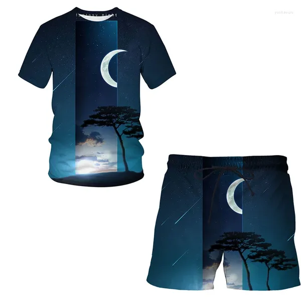 Tute da uomo Vista notturna T-shirt stampata estiva in 3D Pantaloncini Set Tuta sportiva O Collo Abito manica corta