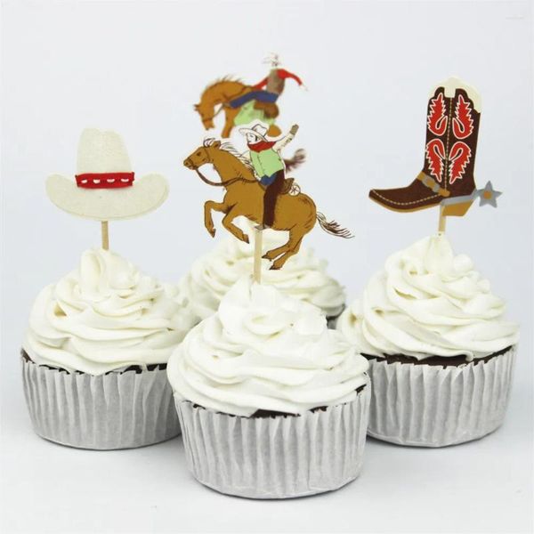 FESTIDOS DE FESTO 24 PCS PCS West Cowboy Cupcake Topper Aniversário Crianças Decoração de Bolo
