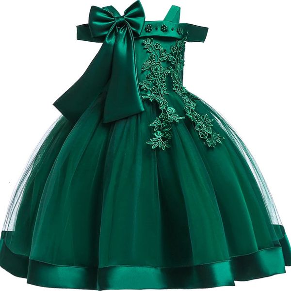 3-10 yıl çocuk Noel partisi elbiseler için kızlar aplikeler çiçek zarif gelinlik yay çocuk doğum günü balo elbisesi 240220