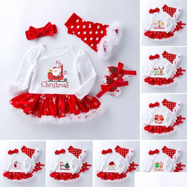 Set di abbigliamento Set di moda Natale Bambini Abiti natalizi per bambini Ragazze Fiocco di neve Abito a maniche lunghe con pagliaccetto Set di 4 pezzi Maglioni casual Tracksu Otufj