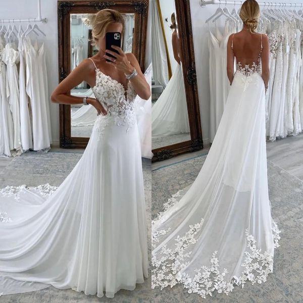 Boho-Spitze, A-Linie, Brautkleider, Träger, rückenfrei, Applikationen, Landhochzeitskleid, Sweep-Zug, Designer-Hochzeits-Brautkleider