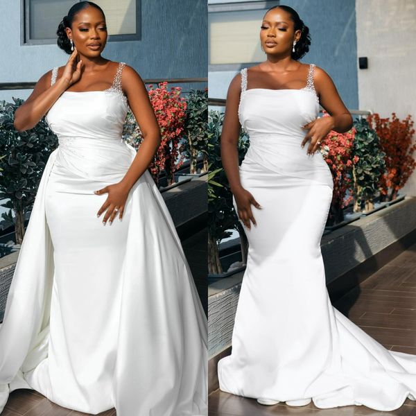 Aso Ebi Vestido de noiva sereia para noiva, vestidos de noiva plus size com cauda removível, gola transparente, pérolas com contas, babados plissados, vestido de casamento para meninas negras NW125