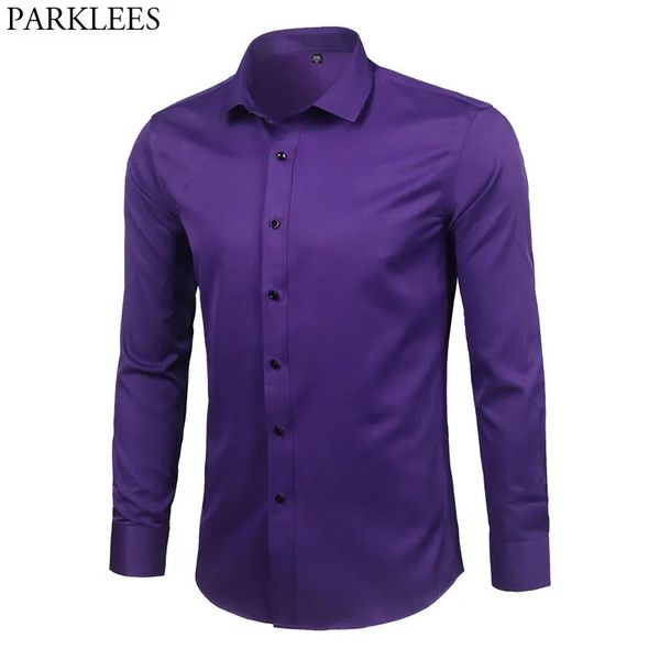 Roxo dos homens de fibra de bambu vestido camisa marca magro ajuste manga longa chemise homme não ferro fácil cuidado formal camisa para homem 240220