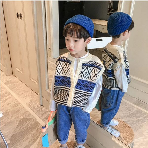 1–10 Jahre Kinder einreihige Westen Pullover Baumwollweste Junge ärmellose Pullover Kinder Jungen O-Ausschnitt Pullover Strickweste Mantel 240223