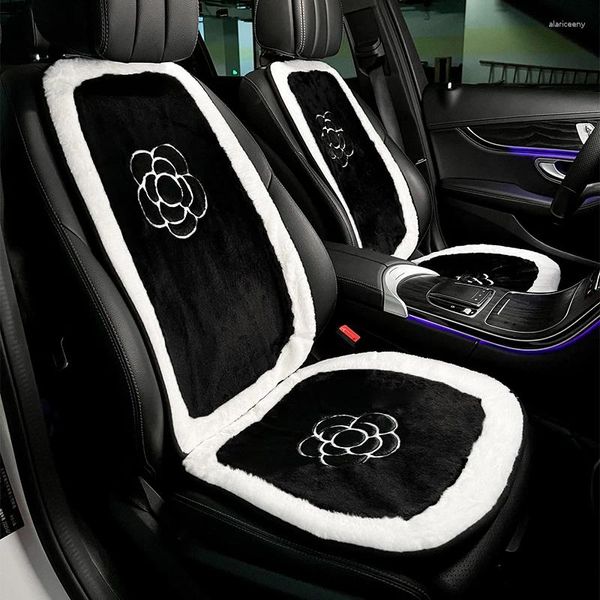 Capas de assento de carro inverno macio pelúcia universal capa clássico preto branco camélia flor auto almofada manter tapetes quentes acessórios