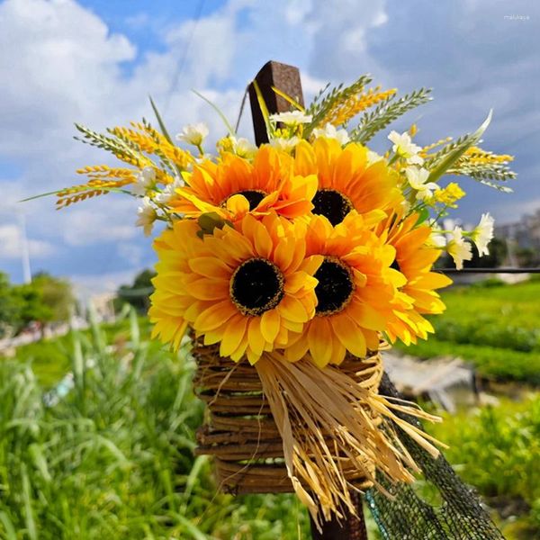 Flores decorativas pendurado na parede grinalda de girassol artificial ação de graças halloween guirlanda decorações outono falso rattan cesta grinaldas