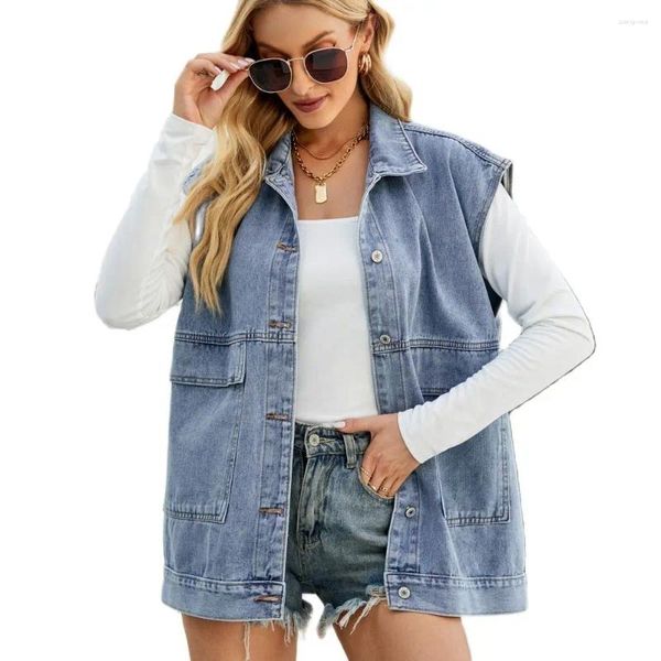 Damenwesten 2024 Sommer ärmellose Revers Denim Weste Mode lässig Jeans Jacke Mantel Street Trend weibliche Kleidung S-XL Drop Ship