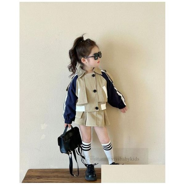 Kleidung Sets 2024 Frühling Mädchen Kleidung Kinder Brief Gedruckt Arbeit Farbe Langarm Trenchcoat Falten Rock 2 stücke Kinder Prinzessin O DHRSB