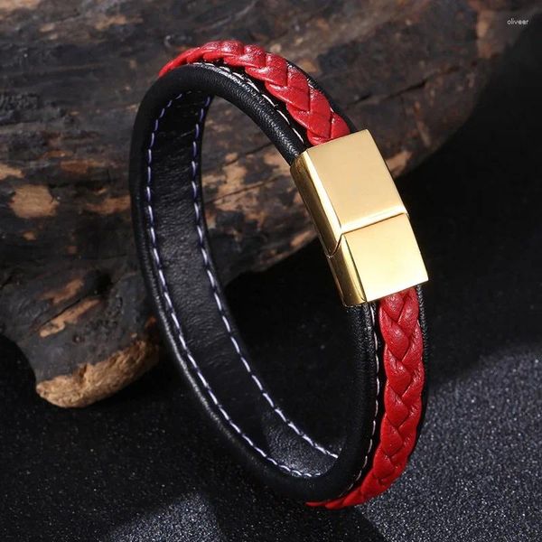 Charm Armbänder Punk Schwarz Rot Geflochtenes Seil Lederarmband Männer Edelstahl Schmuck Armreif Für Freund Paar Geburtstagsgeschenk SP1277