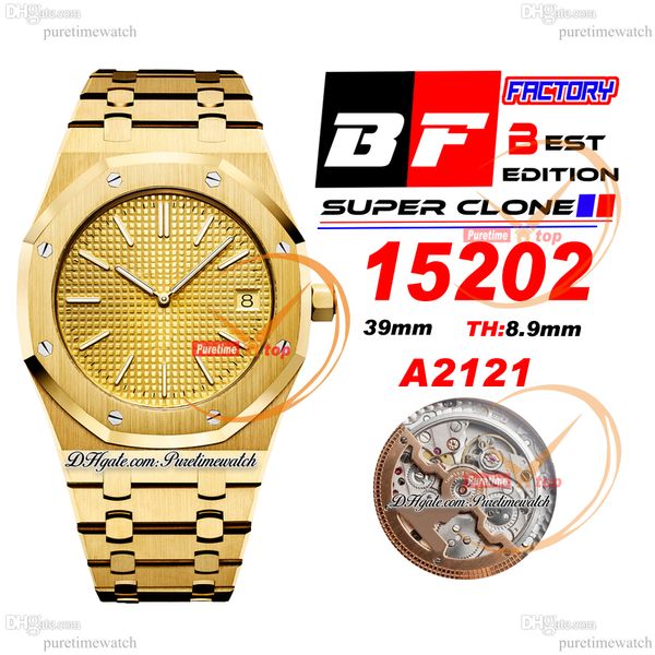 BF 1520 Jumbo Ekstra ince 39mm 18K Sarı Altın Tapisserie Dial Stick A2121 Otomatik Erkekler İzle Paslanmaz Çelik Bilek Süper Sürümü PureTiMewatch ReloJ Hombre