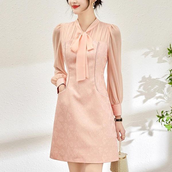 Casual Dresses Elegante Mode für Frauen 2024 Frühling Bogen Chiffon Langarm Damenbekleidung Perlen Frau Vintage Jacquard Kleid Slim