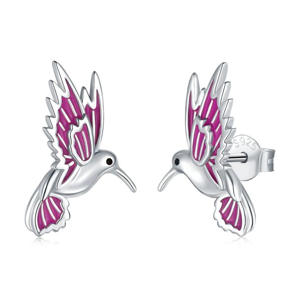 Ciondolo in argento sterling 925 colibrì animale adorabile con orecchini a bottone in smalto viola gioielli regali di compleanno di Natale per donne ragazze