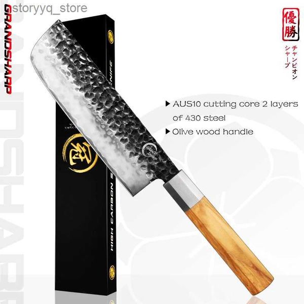 Mutfak Bıçakları Grandsharp 6.7 inç Nakiri Bıçağı Zeytin Ahşap Tutar El Yapımı Japon Aus10 Çelik Yüksek Karbon Mutfak Bıçakları Şef Yemek Aracı Q240226