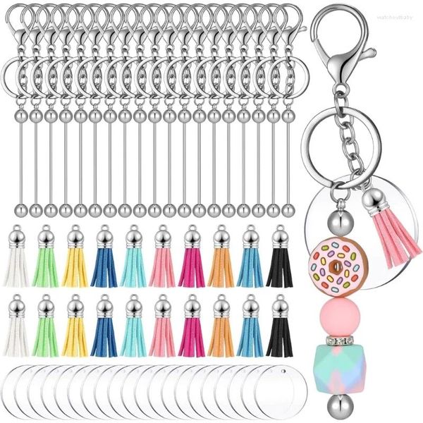 Chaveiros 20 pcs Beadable Keychain em branco com anéis de círculo acrílico borlas de couro chaveiro barra diy jóias fazendo charme