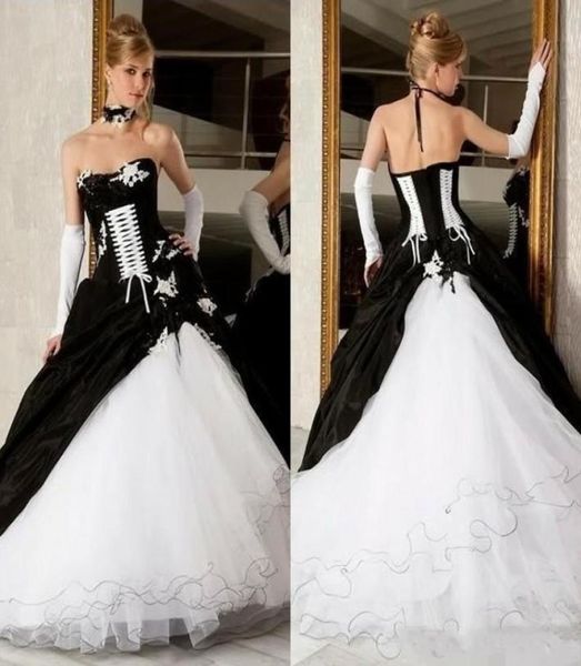 Vintage viktorianisches Schwarz-Weiß-Ballkleid, Übergröße, Gothic-Hochzeitskleid, Brautkleider, rückenfreies Korsett, Sweep-Zug, Satin, formell, D8721085