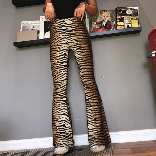 Capris moda cintura elástica leopardo impresso calças largas mulher casual magro streetwear y2k outfits 2023 tigre listra calças casuais