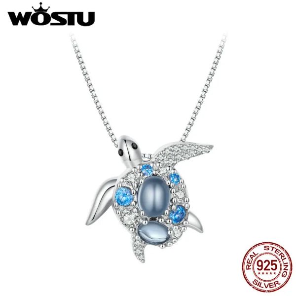 Collane WOSTU 925 Sterling Silver Ocean Sea Turtle Collana pendente per le donne Shiny Blue Spinel Zircone gioielli vacanza regalo di compleanno