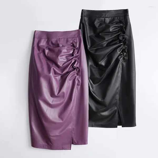 Frauen Leder Echt Rock Herbst/Winter Schaffell Hohe Taille Plissee Spitze Split Wrap Hüfte Langes Kleid Elegante Halb körper