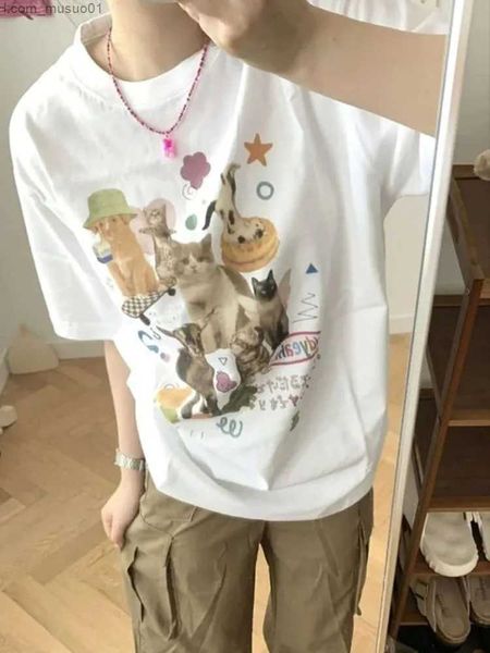 T-shirt da uomo Retro Harajuku Moda Donna Camicia Cute Milk Cat T-shirt grafiche T-shirt oversize Y2k Estetico Cotone T-shirt femminili Streetwear TopsL2402