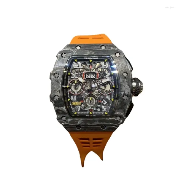 Relógios de pulso masculino totalmente automático relógio mecânico multifuncional cronometragem calendário noite luz impermeável fibra de carbono grande mostrador úmido
