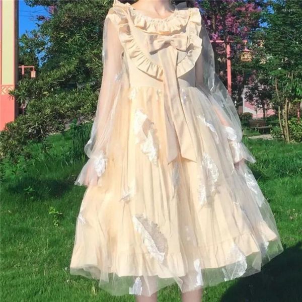 Partykleider Lolita Feenkleid Sommer Japanisch Süßes Mädchen Netzgarn Schleife Spitze Feder Lotusblatt Kragen Langarm Prinzessin