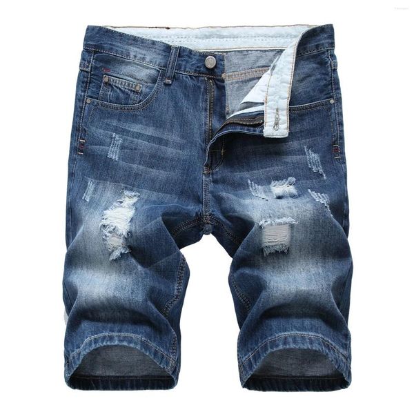 Jeans masculinos homens slim fit shorts rasgados jean curto angustiado reto denim marca roupas homens streetwear trabalho