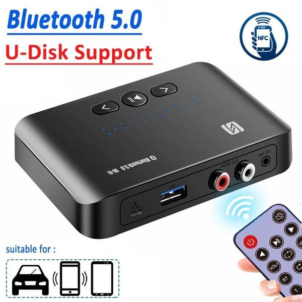 T10 Bluetooth 5.0 com controle remoto Adaptador de música NFC RCA Receptor de áudio sem fio Reprodução USB