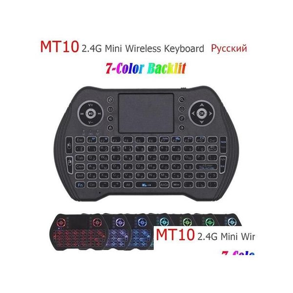 Pc controles remotos mt10 teclado sem fio russo inglês francês espanhol 7 cores retroiluminado 2.4g toucad para android tv box air drop deli oti5g