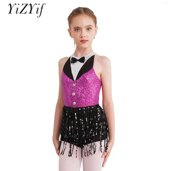 Bühnenkleidung Kinder Mädchen Latin Jazz Dance Kleid Ärmellos Glänzende Pailletten Quaste Boyshorts Unitard Gymnastik Trikot Performance Kostüm