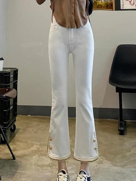 Jeans da donna JRJL Vintage Bianco per donna 2024 Bottoni Moda a vita alta Designer streetwear Pantaloni svasati a figura intera semplici