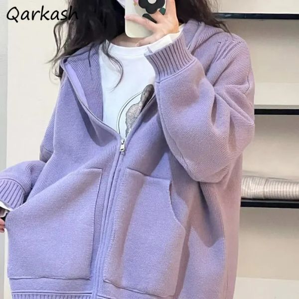 Giacche Giacche con cappuccio lavorate a maglia Donna Zip Up Viola Elegante Casual Dolce Autunno Inverno Abiti larghi Harajuku Studenti Moda coreana