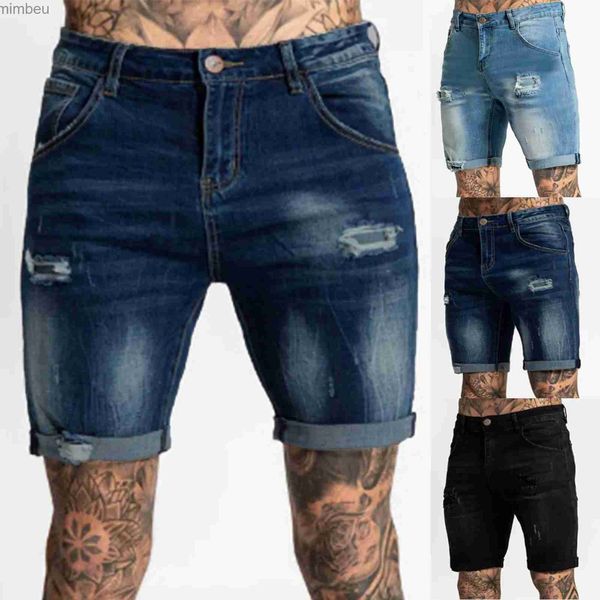 Pantaloncini da uomo Uomo Casual Cerniera Jeans con foro per la mosca Pantaloncini stretti Pantaloni Tasca da lavaggio Pantalone strappato Pantaloni sfilacciati Denim per uomo Pantaloni corti Jeans 240226