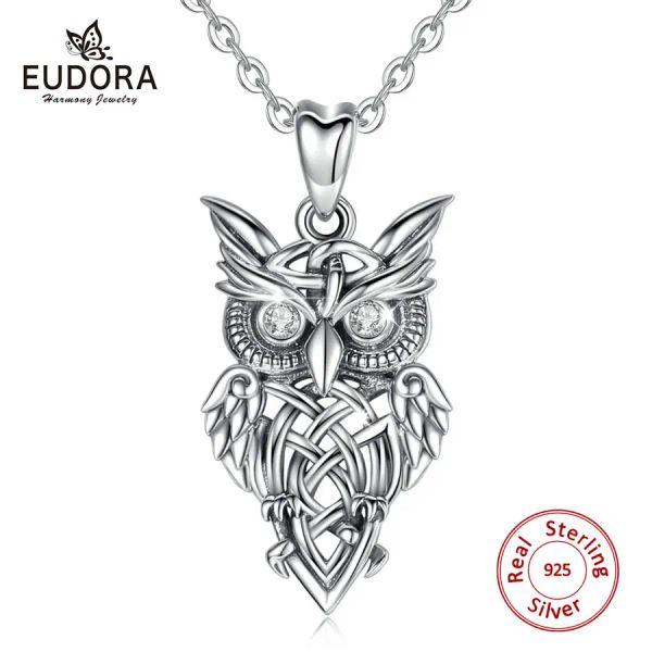 Halsketten EUDORA 925 Sterling Silber Eule Anhänger Vintage Silber Serie Halskette mit klarem CZ Kristall Modeschmuck für Frauen Mann CYD445