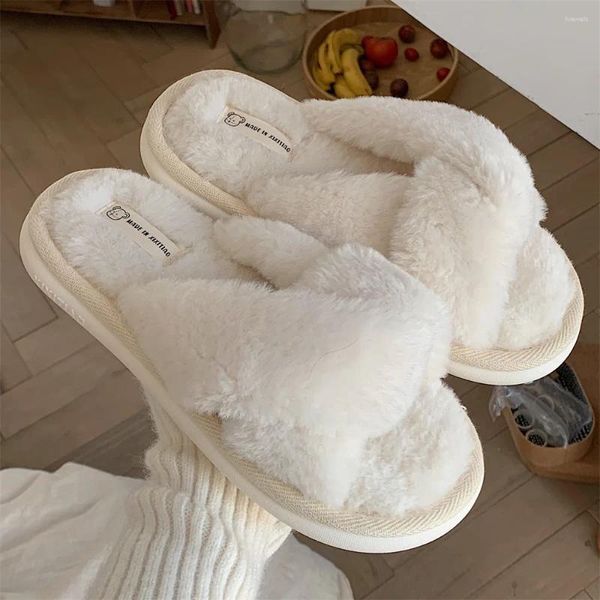 Pantofole da donna con fascia incrociata Fuzzy morbida pantofola da casa in peluche pelosa calda e accogliente punta aperta soffici scarpe da casa comode scivolo per interni ed esterni