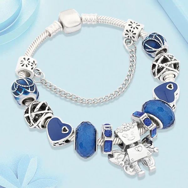 Charm Armbänder Leabyl Dunkelblaues Herz Blume DIY Armreifen Silber Farbe Fee Roboter Perlenarmband Für Frauen Geschenk