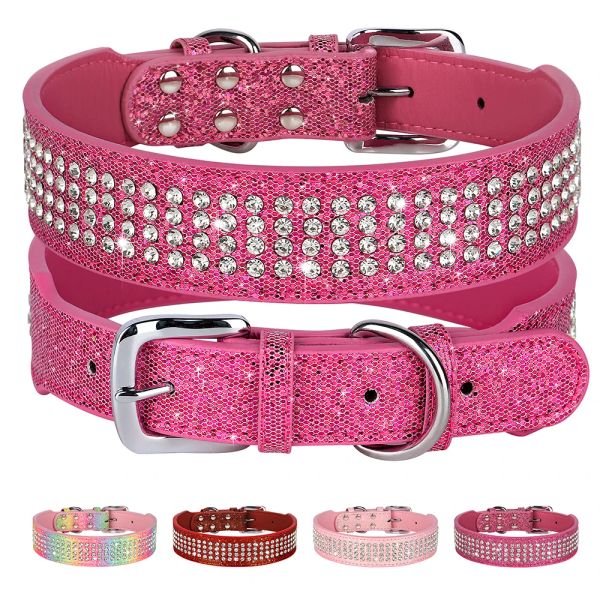 Coleiras de couro de strass coleira de cachorro bling cristal ampla coleira para animais de estimação 4 fileiras coleiras de diamante completo para cães pequenos médios grandes pitbull