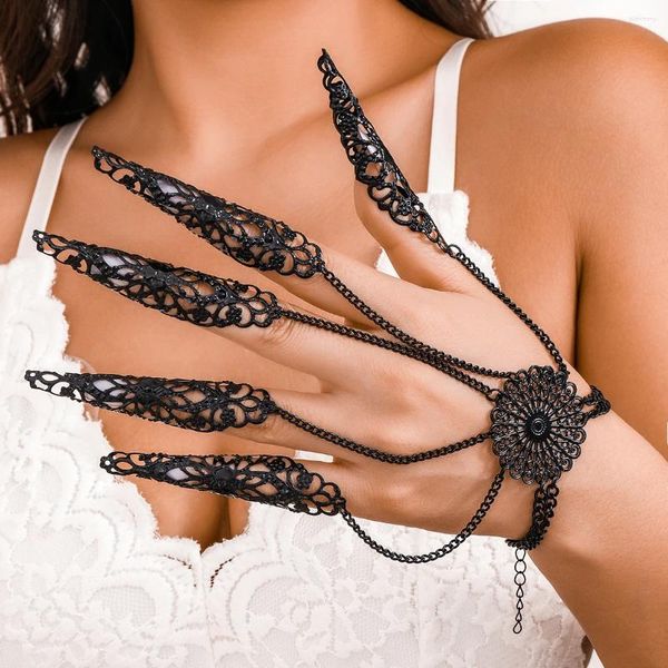Link Armbänder Übertrieben Dubai Schwarz Verbinden Finger Kette Armband Für Frauen Goth Nagel Ringe Armreifen Bauchtänzerin Halloween Hand