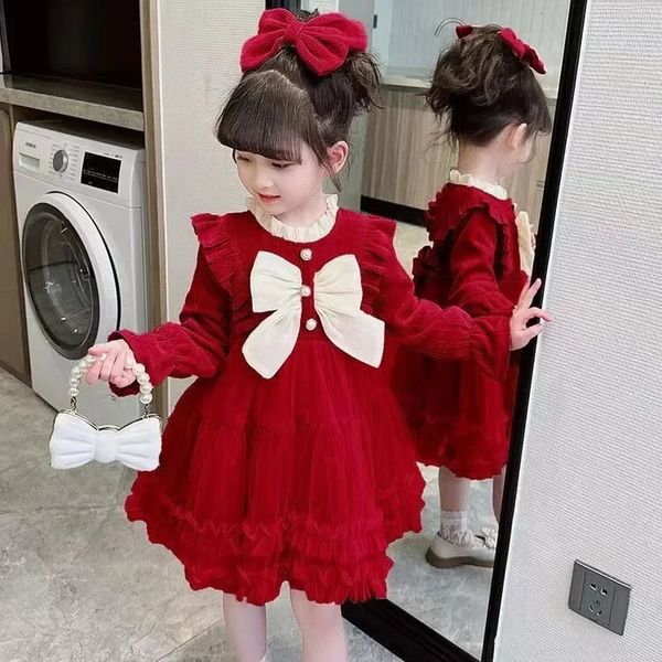 Meninas vestido outono menina vermelha saia fofa 38 anos de idade crianças manga comprida elegante laço rosa gaze 240223