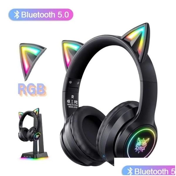 Cep Telefonu Kulaklıklar Onikuma B90 RGB Kedi Kulak Kablosuz Bluetooth Kulaklık Kız Gürültü Canng Kulaklıkları Led Damla Teslimat Telefonu Dhovc