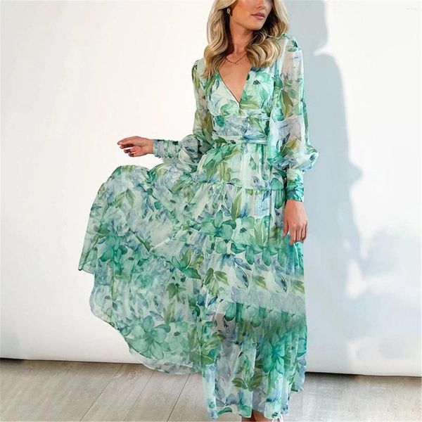 Vestidos casuais vintage boêmio floral impressão lanterna manga longa vestido elegante mulheres chiffon senhoras lindo decote em v sexy