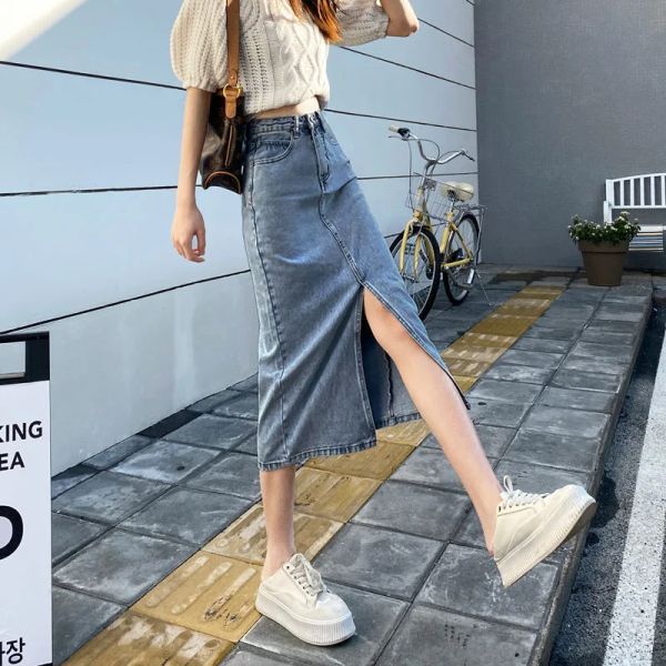 Rock Maxi Frauen -Jeansrock eng Gyaru Long mit Schlitzröcken für Frauen Kleidung Wrap Streetwear billige koreanische Stil Y2K Modest Jeans